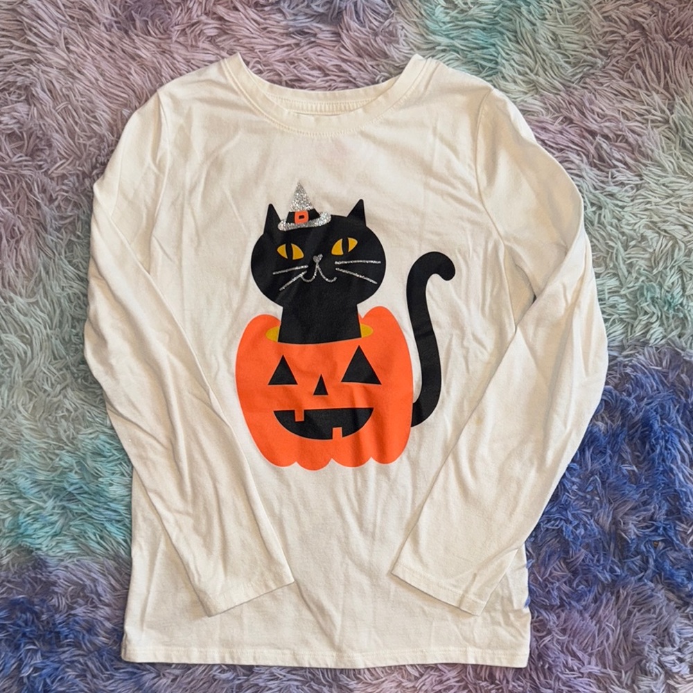 Kids Halloween Cat Pumpkin Shirt - White